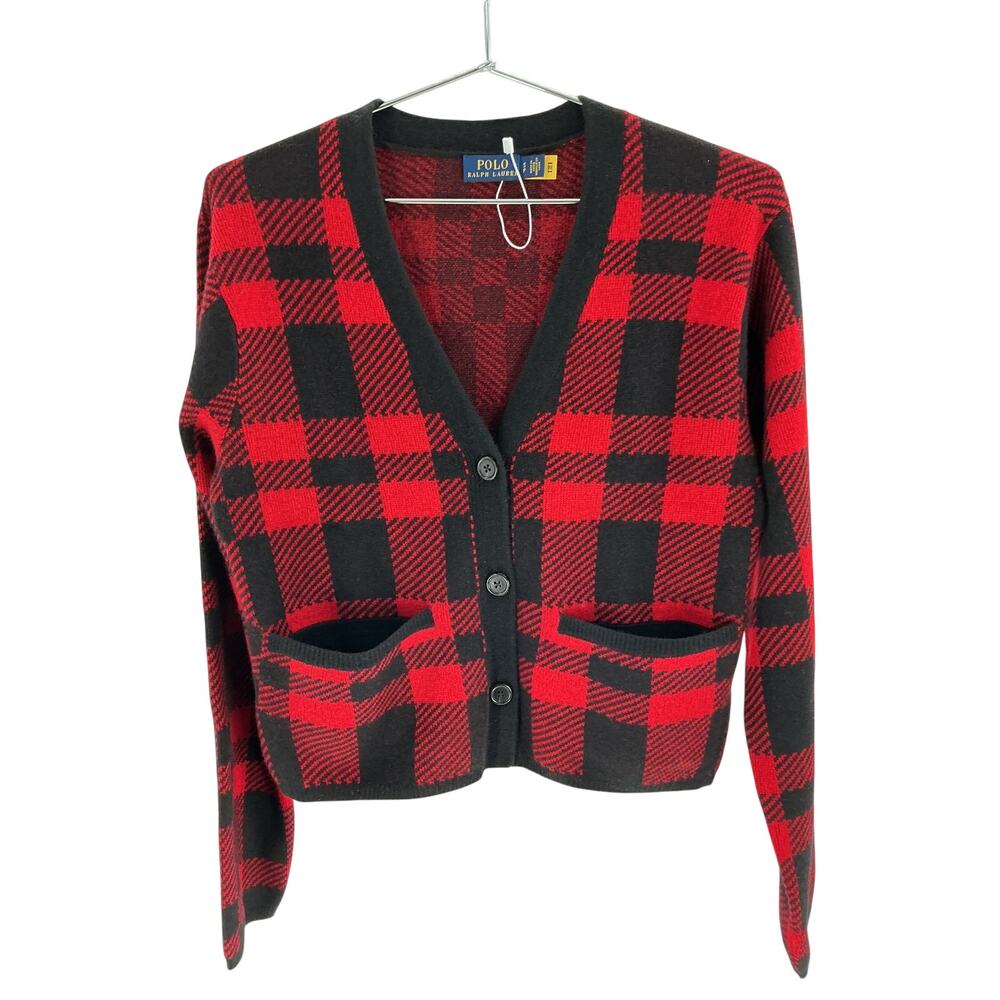 Ralph Lauren Merino Red Black Plaid V Neck Cardigan Size S - Picture 2 of 4